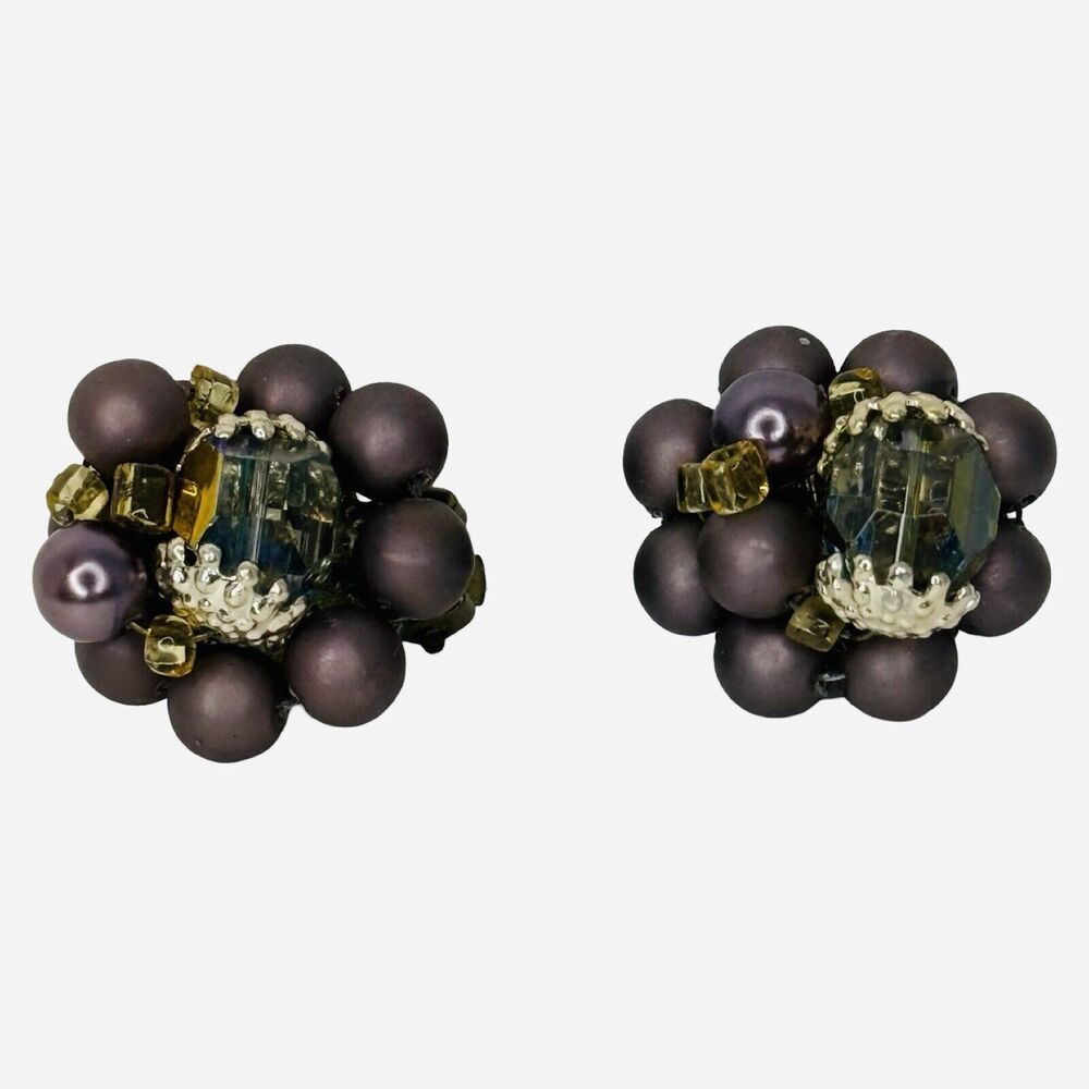 Vintage Japan Purple Rhinestone Flower Clip-On Earrings 1" Beaded Jewelry